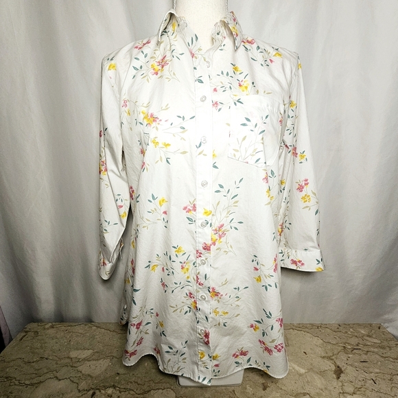 🛑 Lands' End Womens Crisp Soft White Cotton Button-up Blouse w/Flowers 8P - Picture 1 of 7